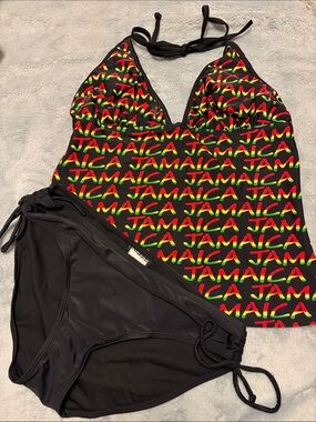 Ingear Black Tankini & Bikini Set with Red, Yellow and Green Jamaica Print
